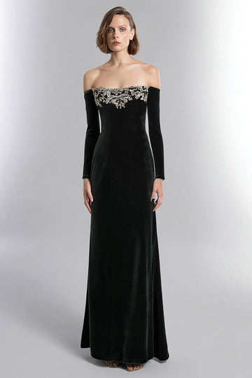 Sparkly Black Velvet Off the Shoulder Long Formal Dress with Sleeves